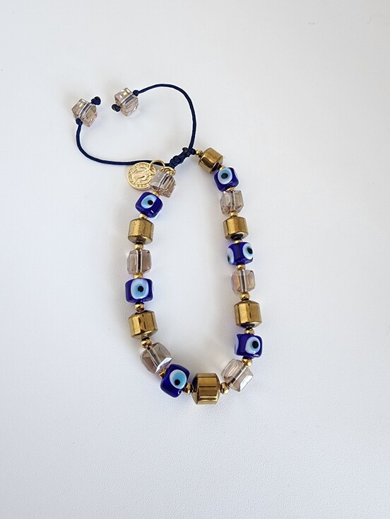 Handmade Jewelry - Blue Evil Eye Murano Glass & Hematite Adjustable Bracelet Gold Tone